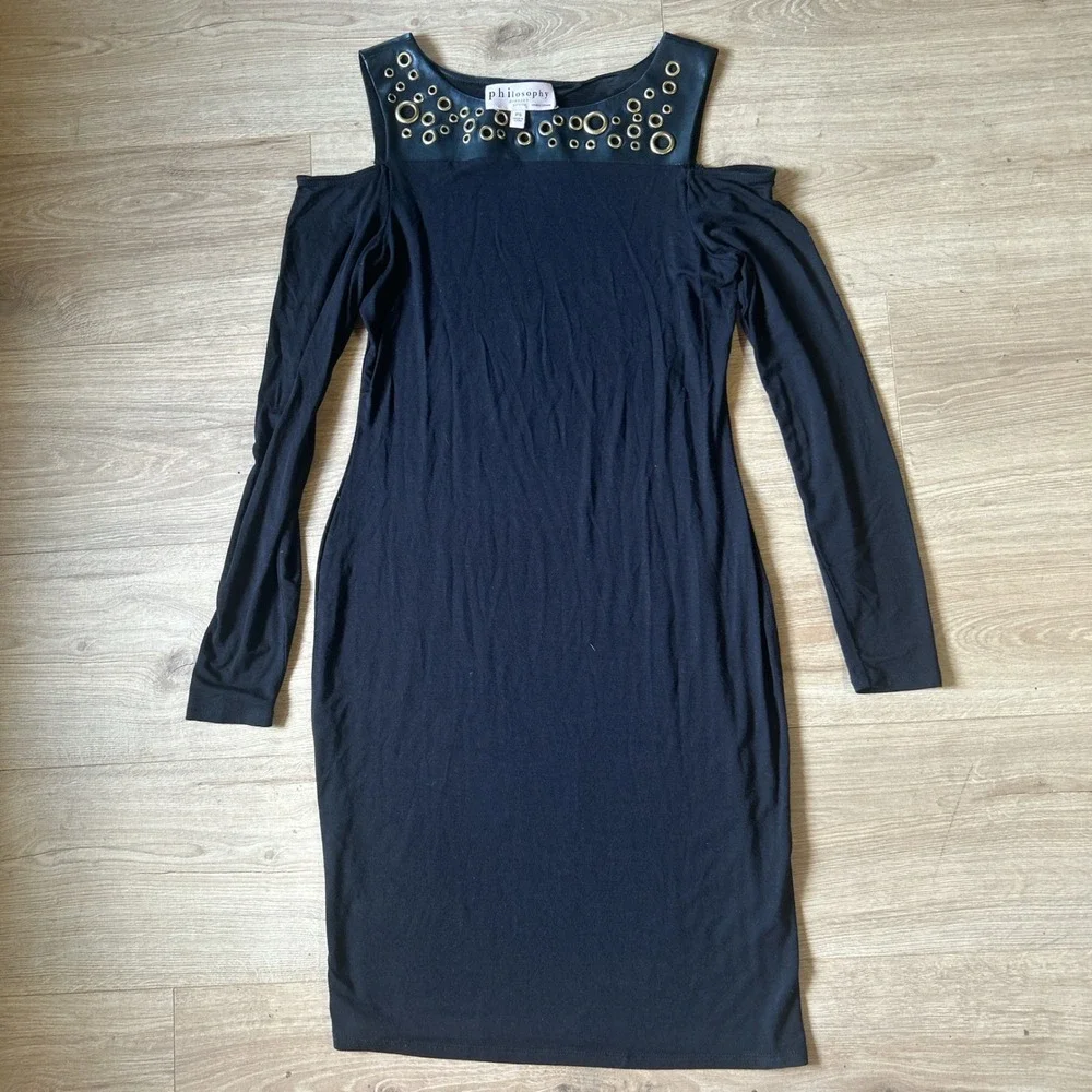 Philosophy Republic‎ Clothing Black Cold Shoulder Grommet Faux Leather Dress PS